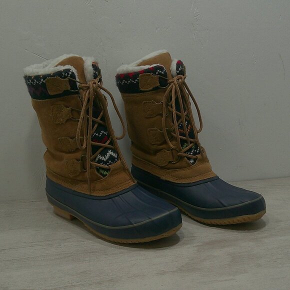 Khombu Duck Nordic Fair Isle Fleece Lined Waterproof Navy Winter Snow Boots SZ 7 - Picture 6 of 13